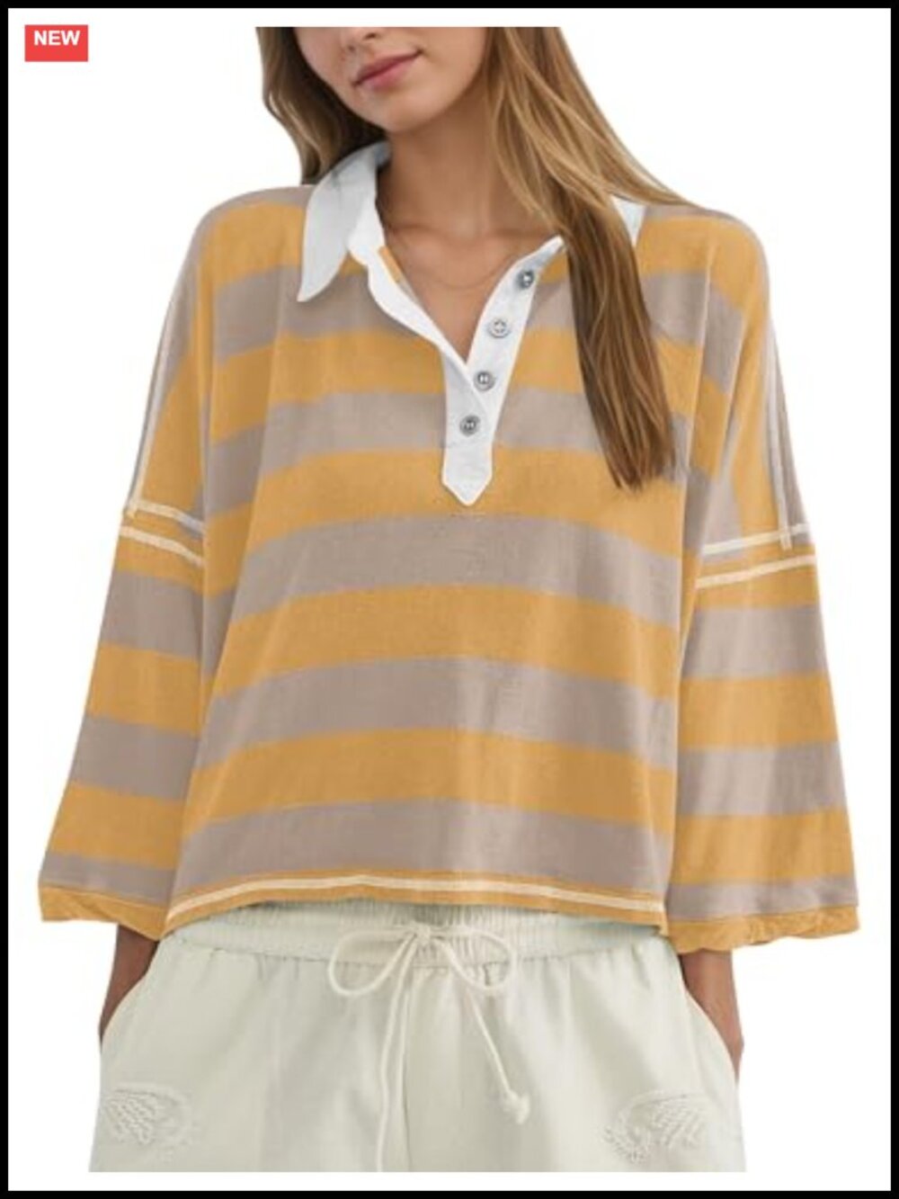 Women's Oversized Striped Polo Shirt 3/4 Sleeve Cropped Boxy Tee